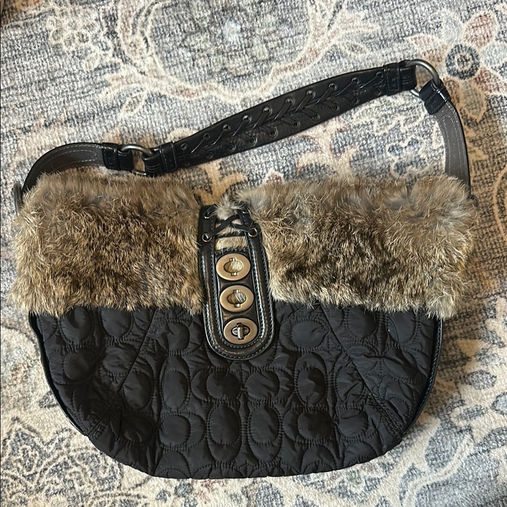 Coach Black and Brown Fur-Accent Shoulder Bag